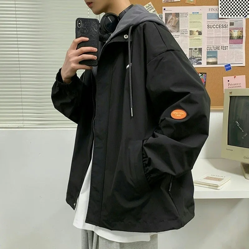 Aidase Hooded Cargo Jackets Men Autumn Fake Two Pieces Zipper Coats College Oversize Baggy Streetwear Ins Baseball Windbreaker Classic