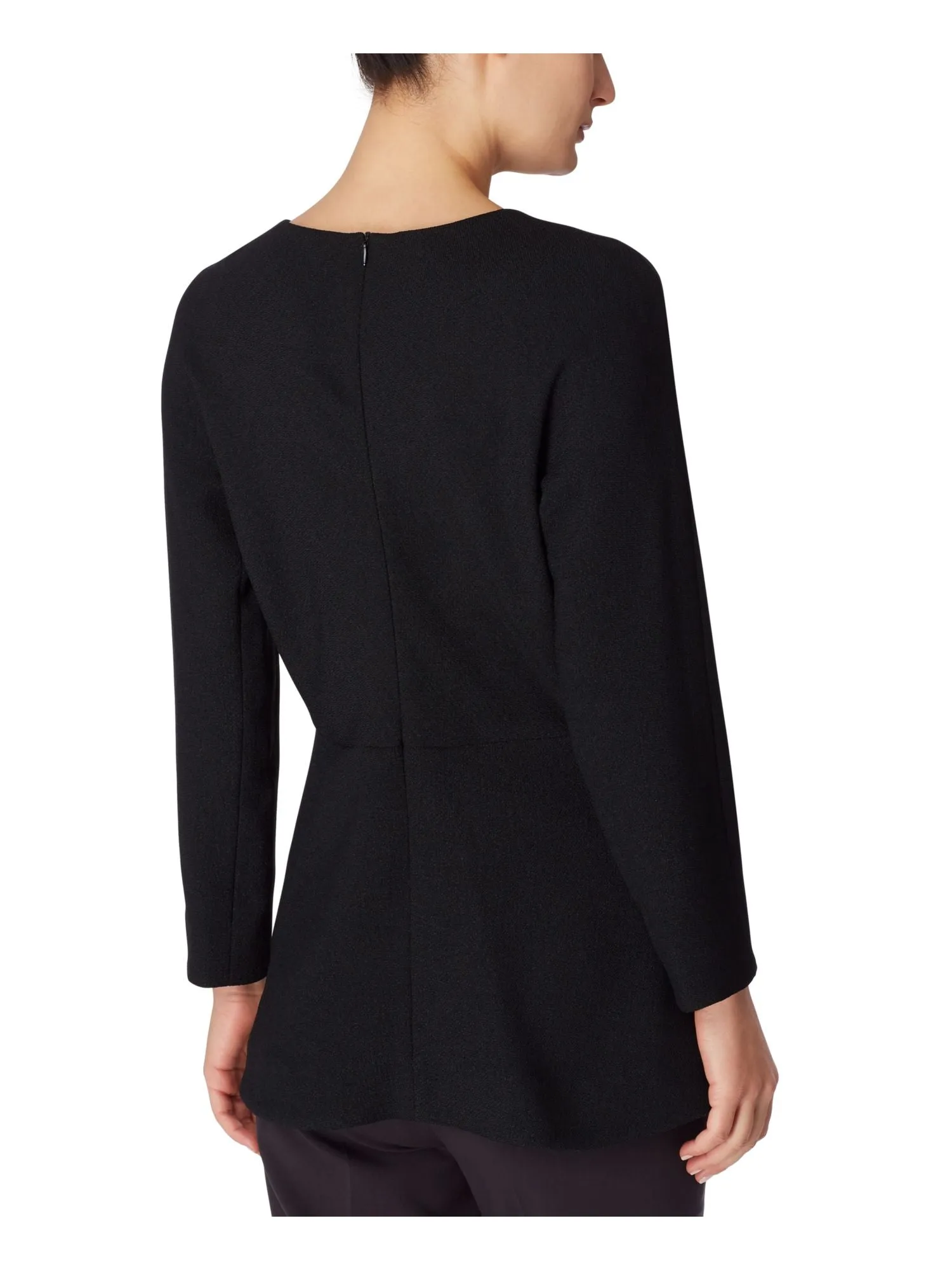 ANNE KLEIN Womens Black Stretch Zippered Textured Blouse Long Sleeve Round Neck Wear To Work Peplum Top