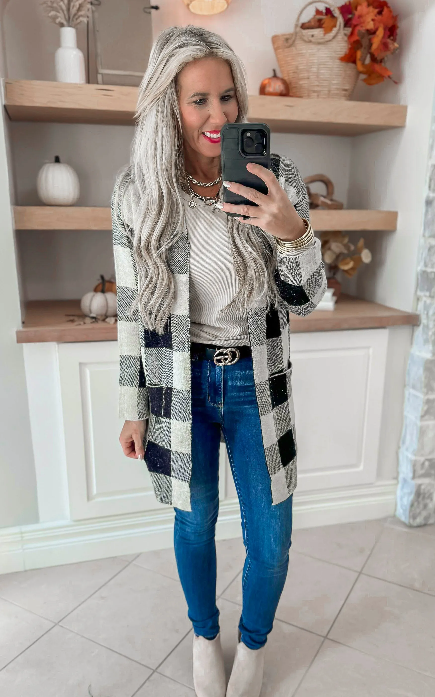 Black Oatmeal Checked Long Cardigan