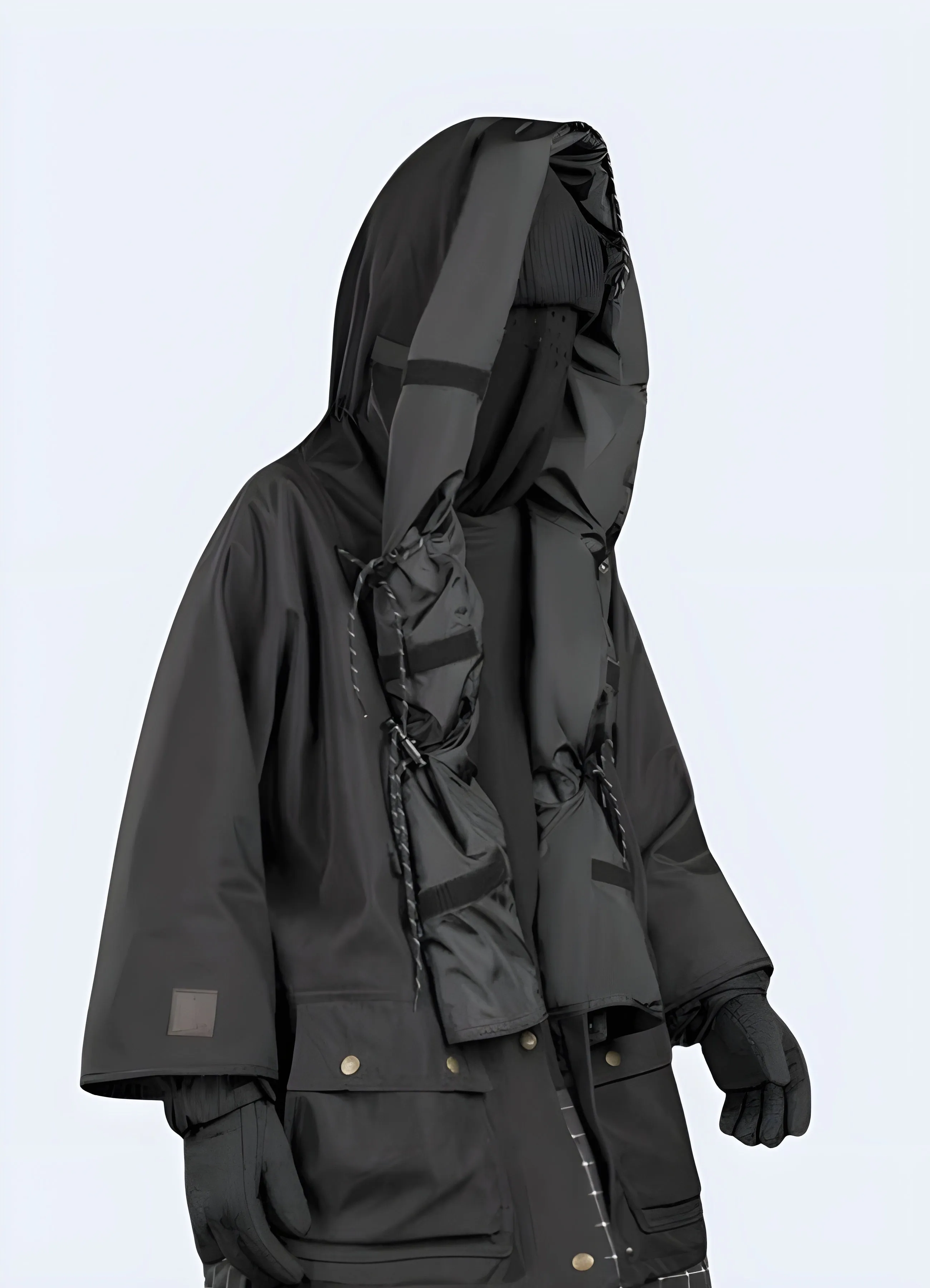 Black Techwear Jacket with Long Folded Hood