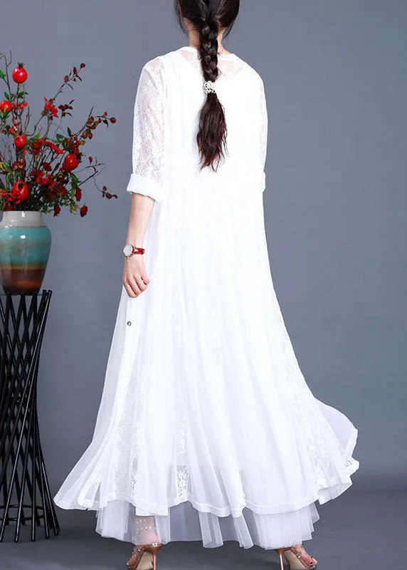 Bohemian White Solid Hollow Out Lace Long Cardigans Long Sleeve