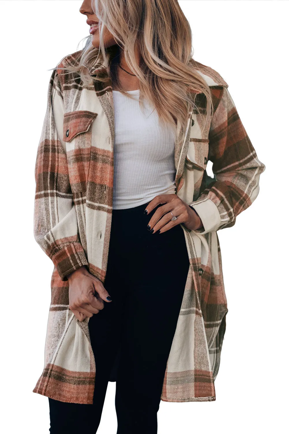 Brown and Cream Plaid Shirt Jacket