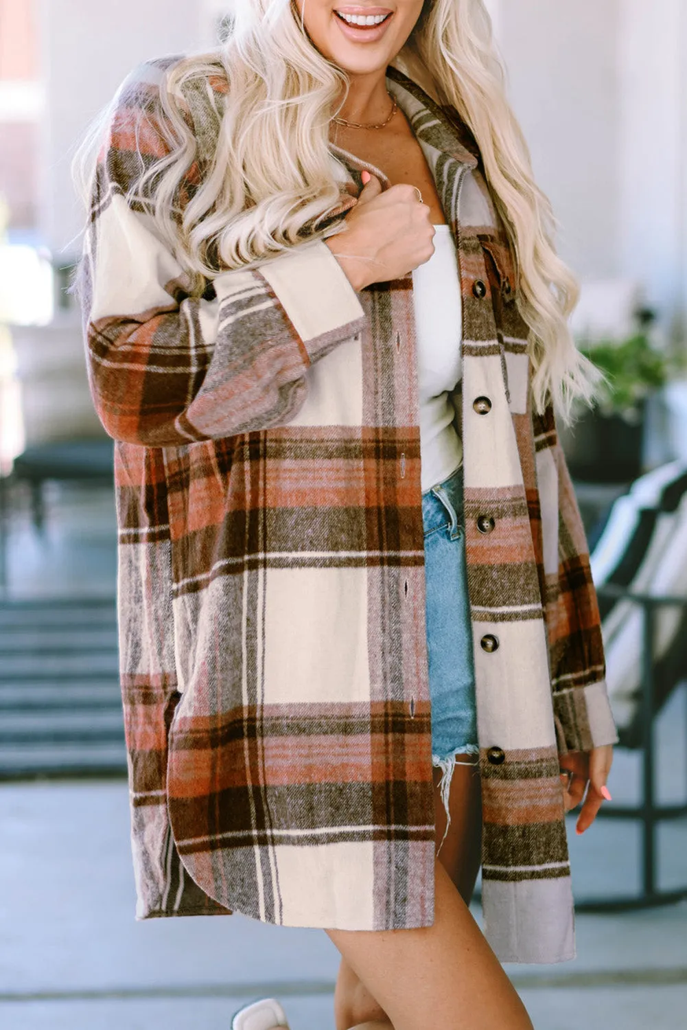 Brown and Cream Plaid Shirt Jacket