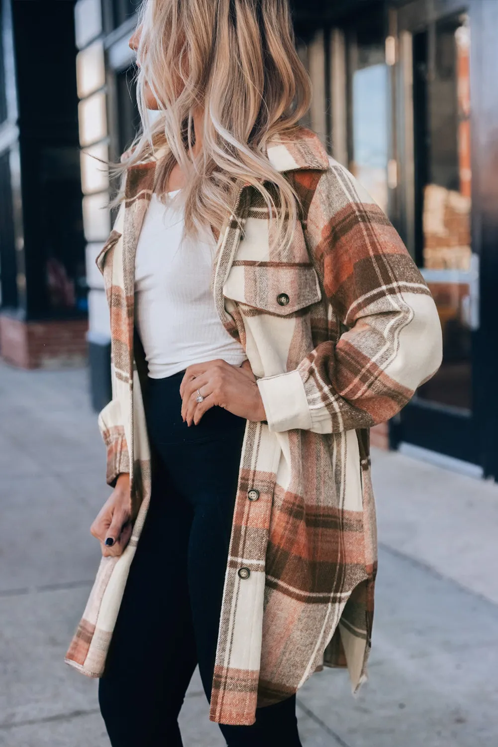 Brown and Cream Plaid Shirt Jacket