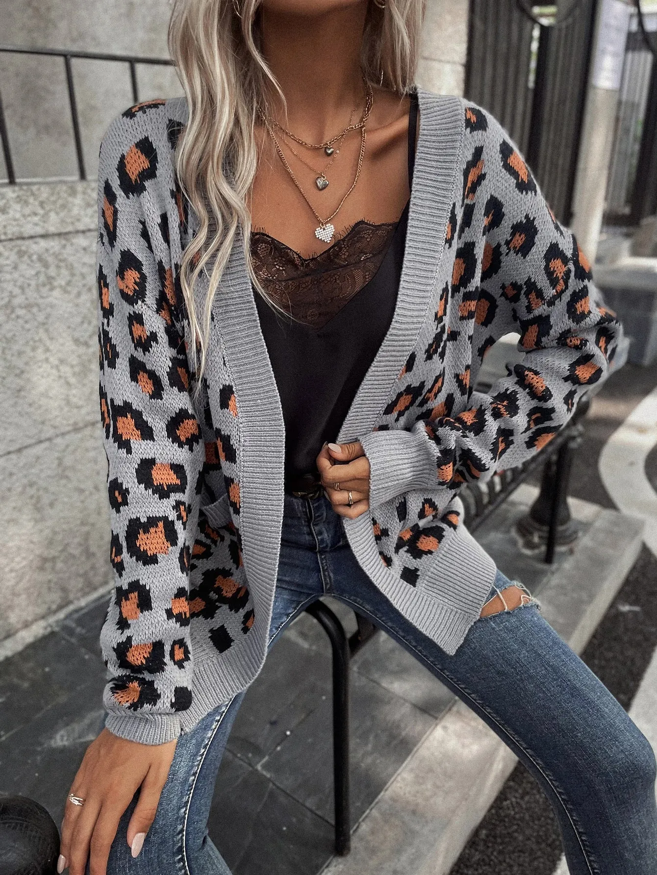 Casual Leopard Pocket Long Sleeve Short Women Cardigan