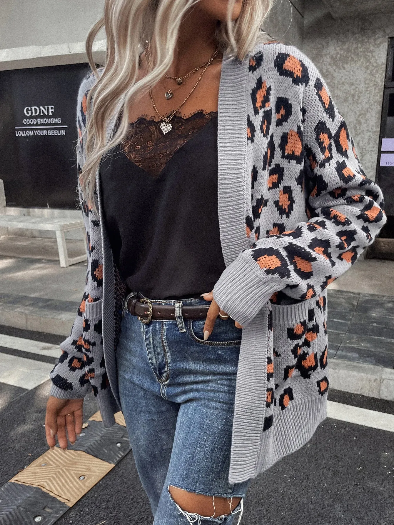 Casual Leopard Pocket Long Sleeve Short Women Cardigan