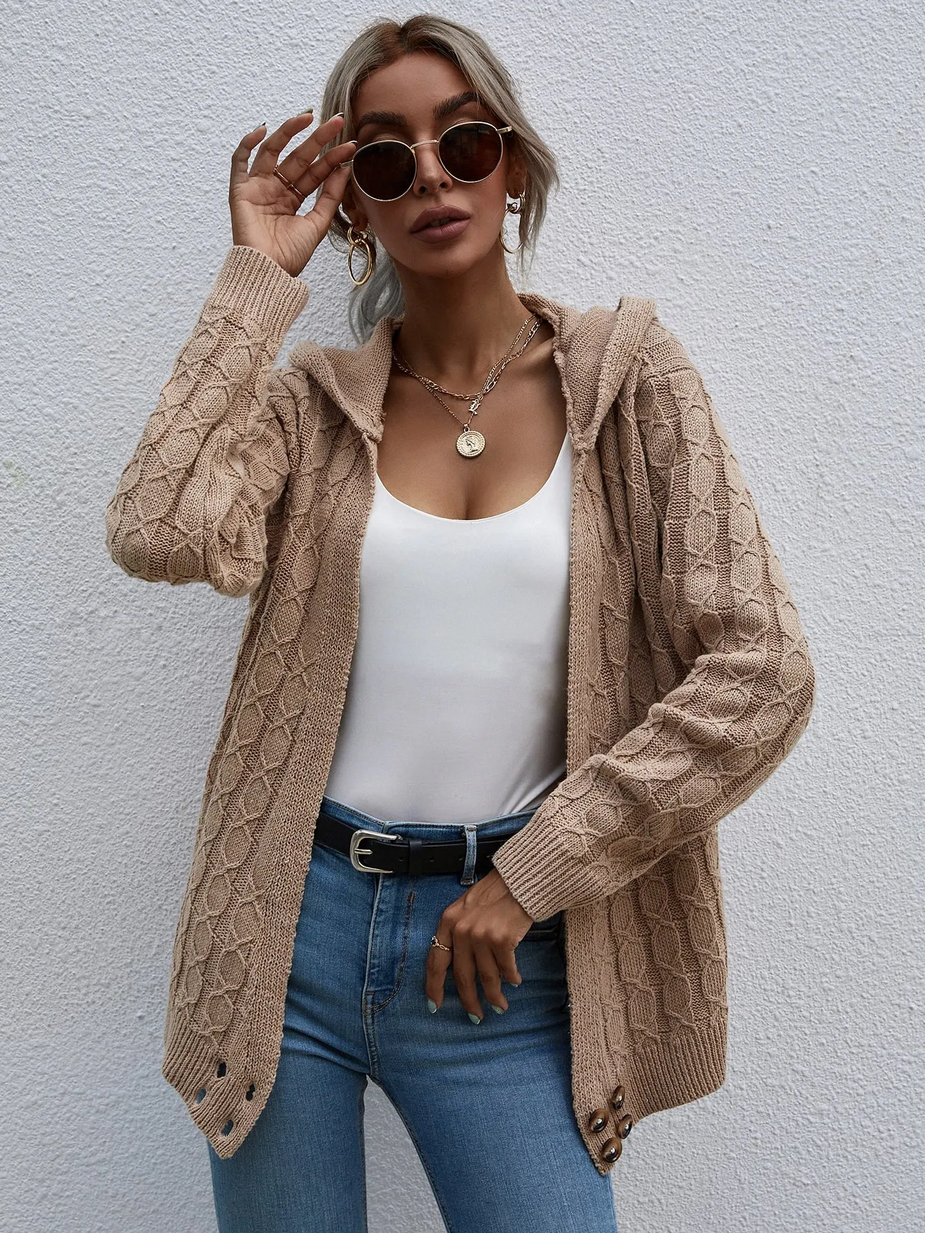 Casual Plain Button Long Sleeve Hooded Short Women Cardigan