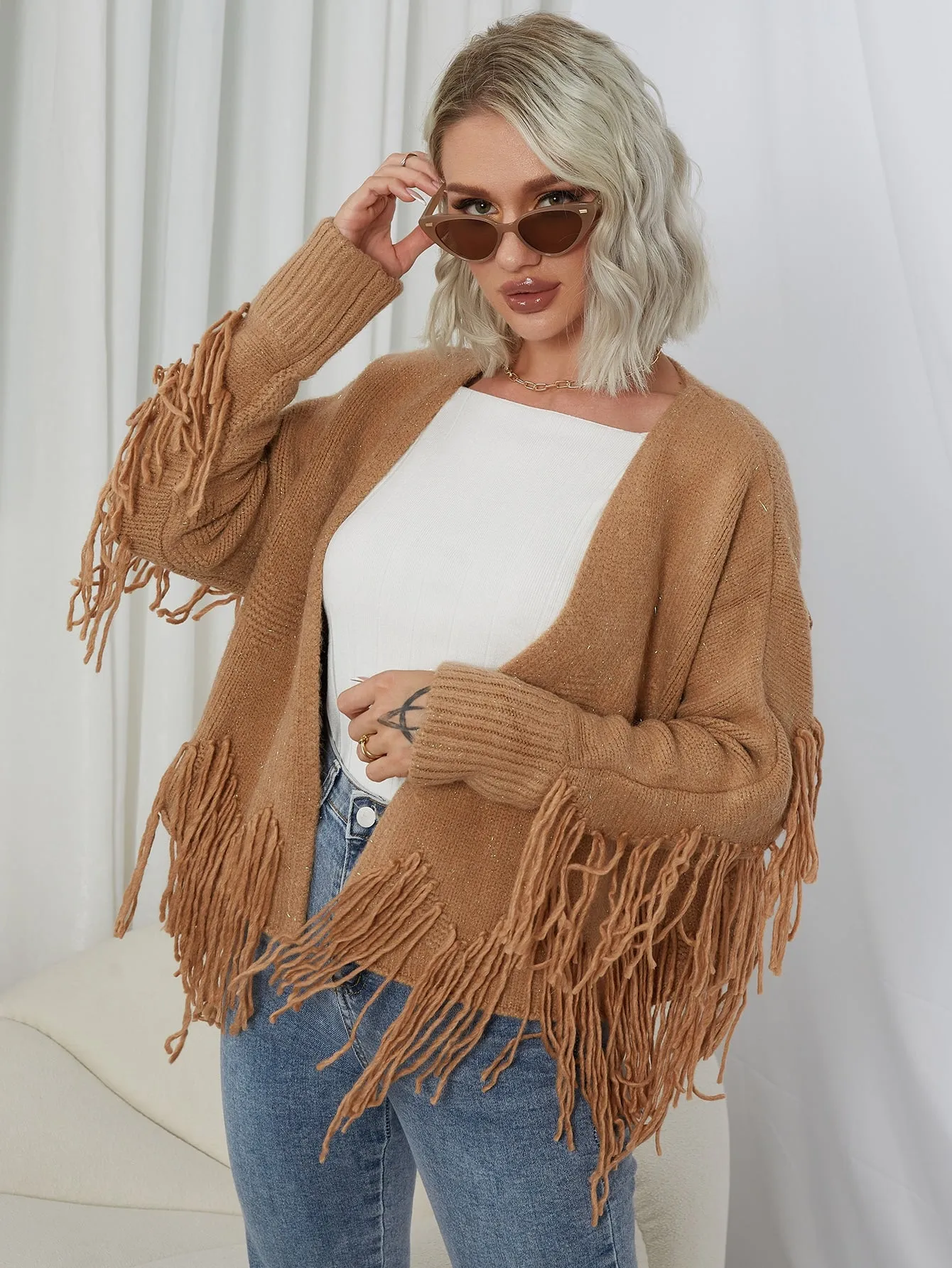 Casual Plain Fringe Long Sleeve Regular Women Cardigan