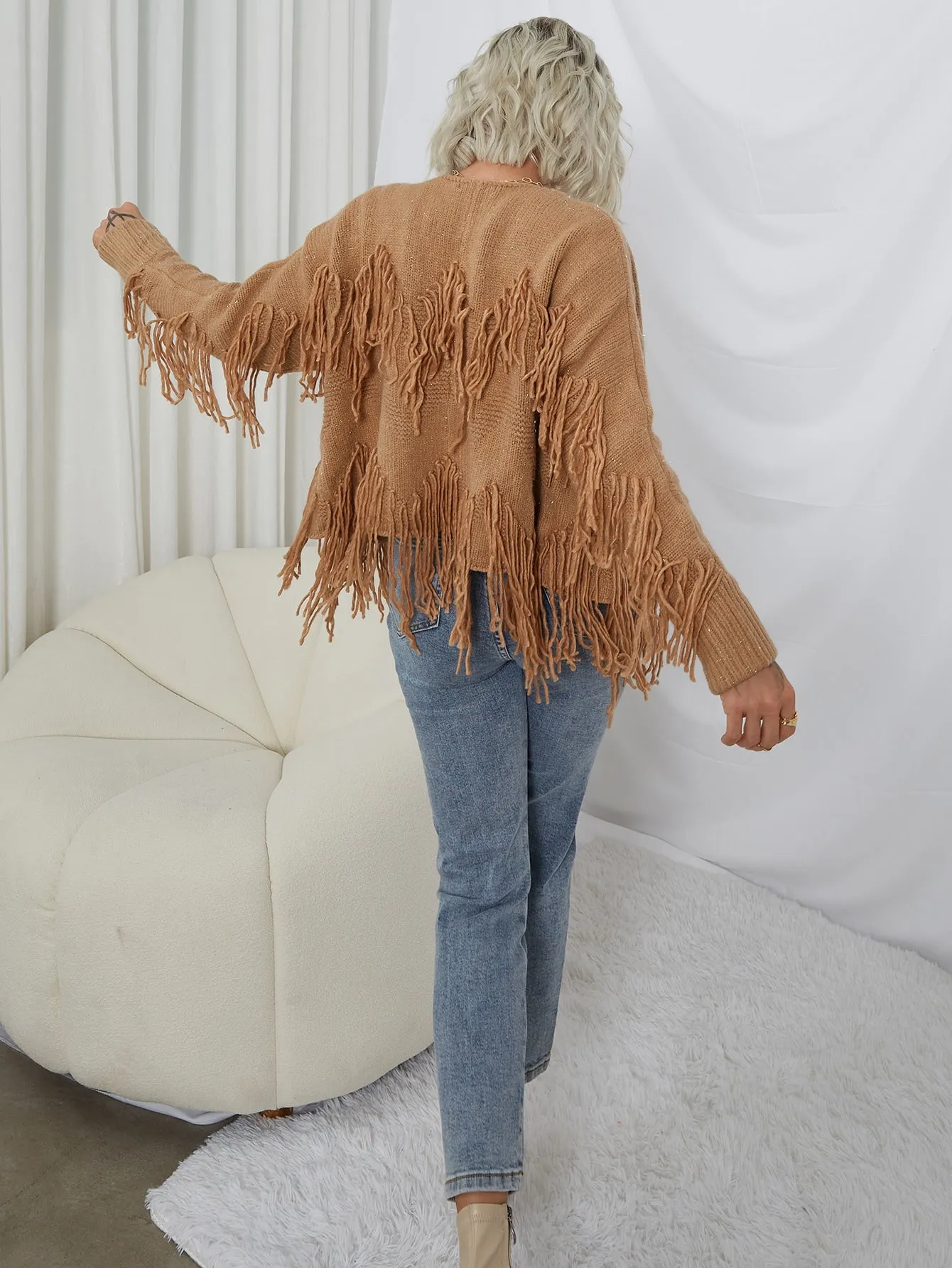 Casual Plain Fringe Long Sleeve Regular Women Cardigan