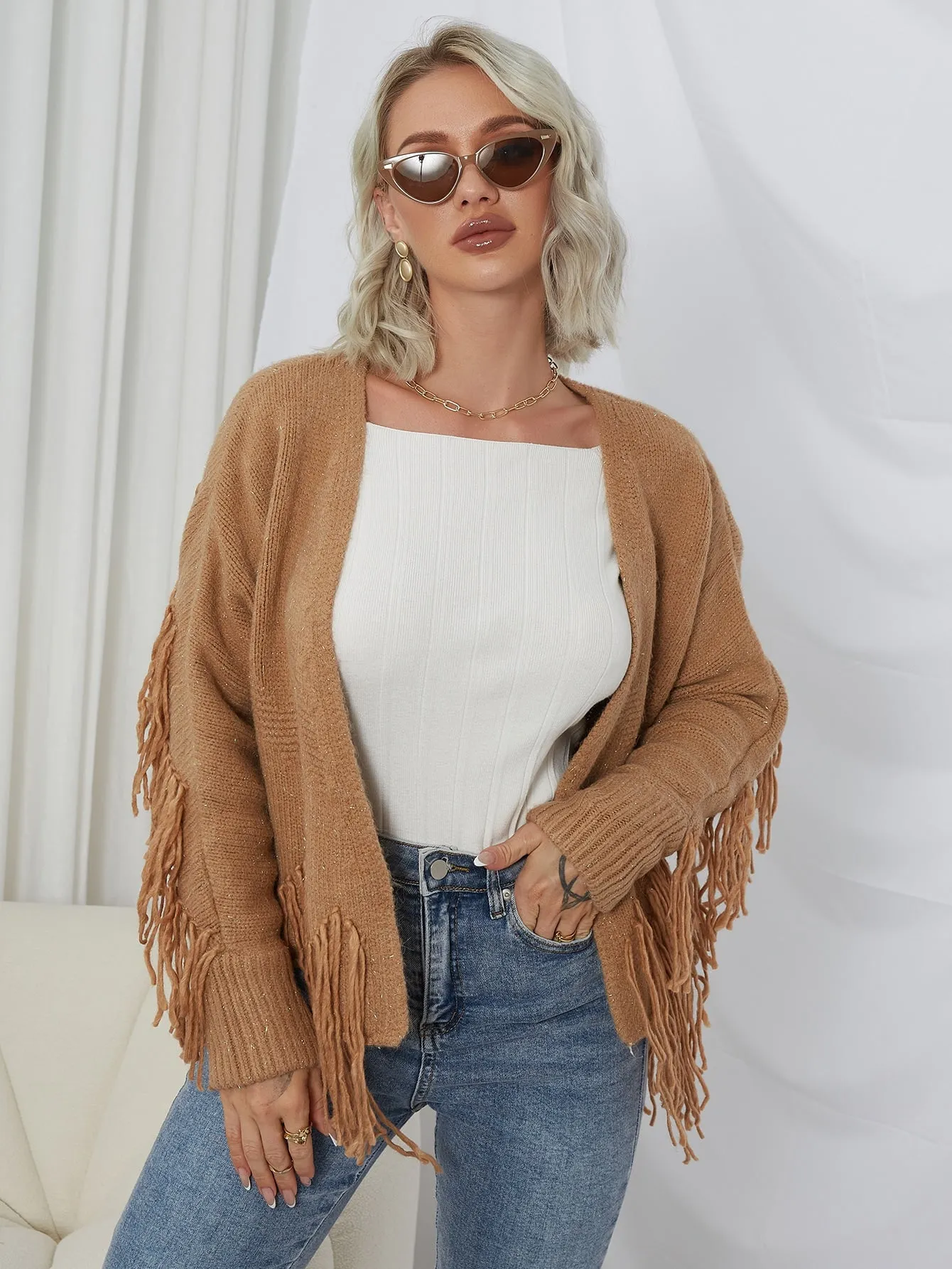 Casual Plain Fringe Long Sleeve Regular Women Cardigan