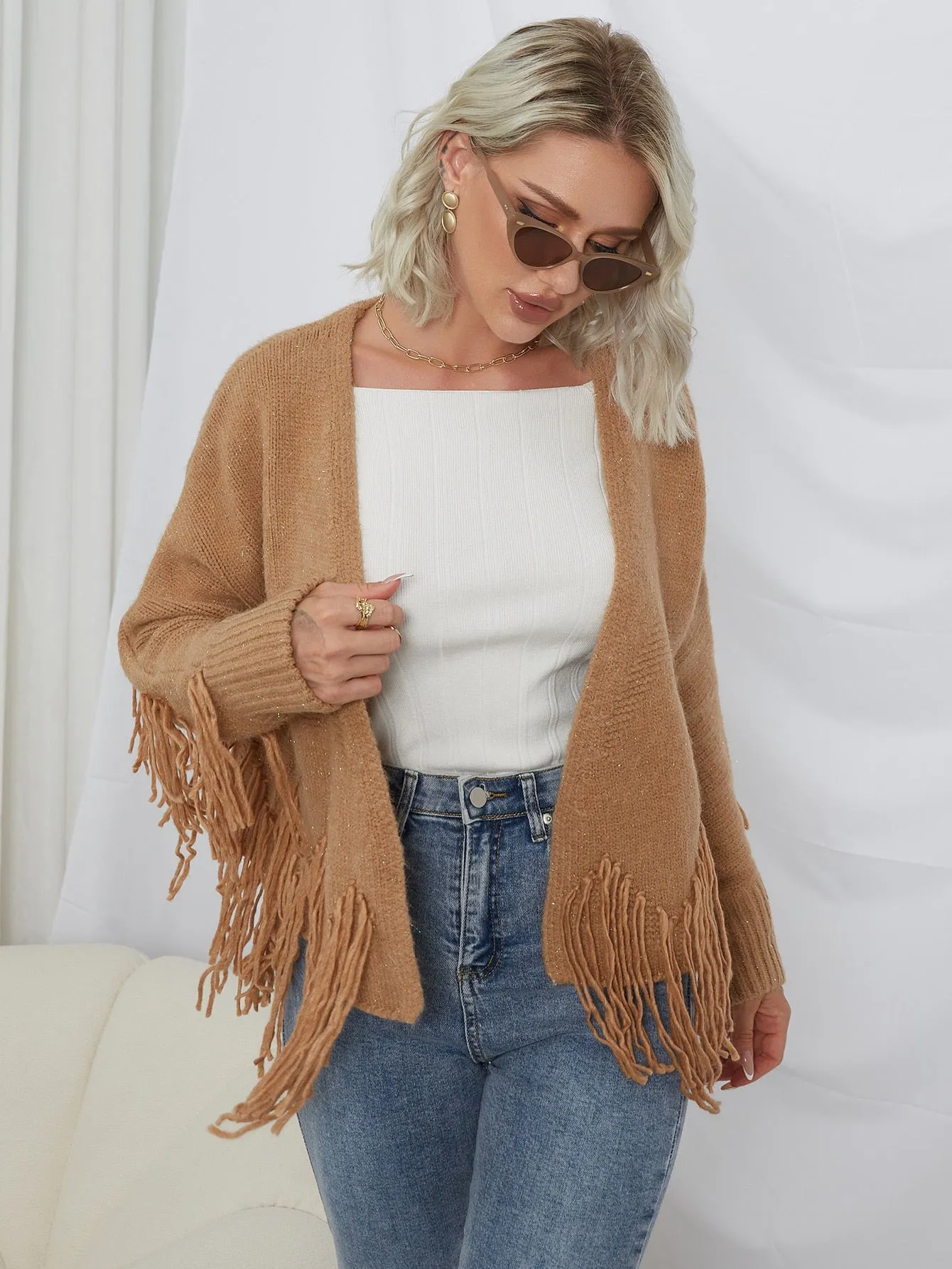 Casual Plain Fringe Long Sleeve Regular Women Cardigan