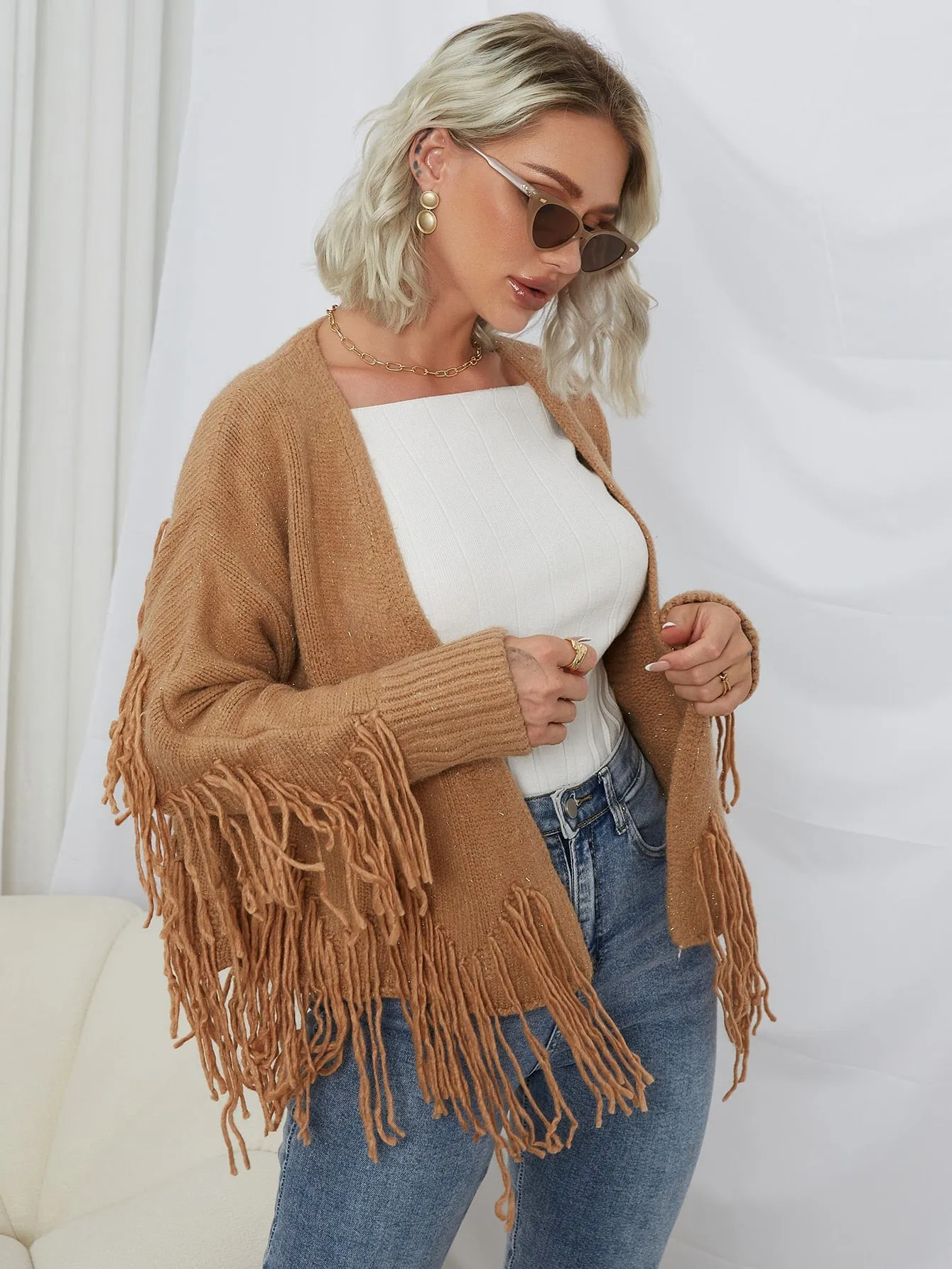 Casual Plain Fringe Long Sleeve Regular Women Cardigan