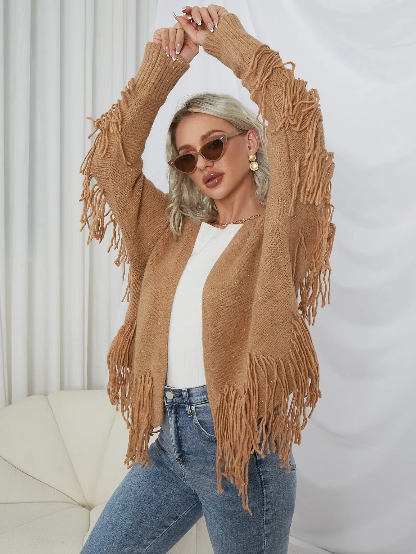 Casual Plain Fringe Long Sleeve Regular Women Cardigan