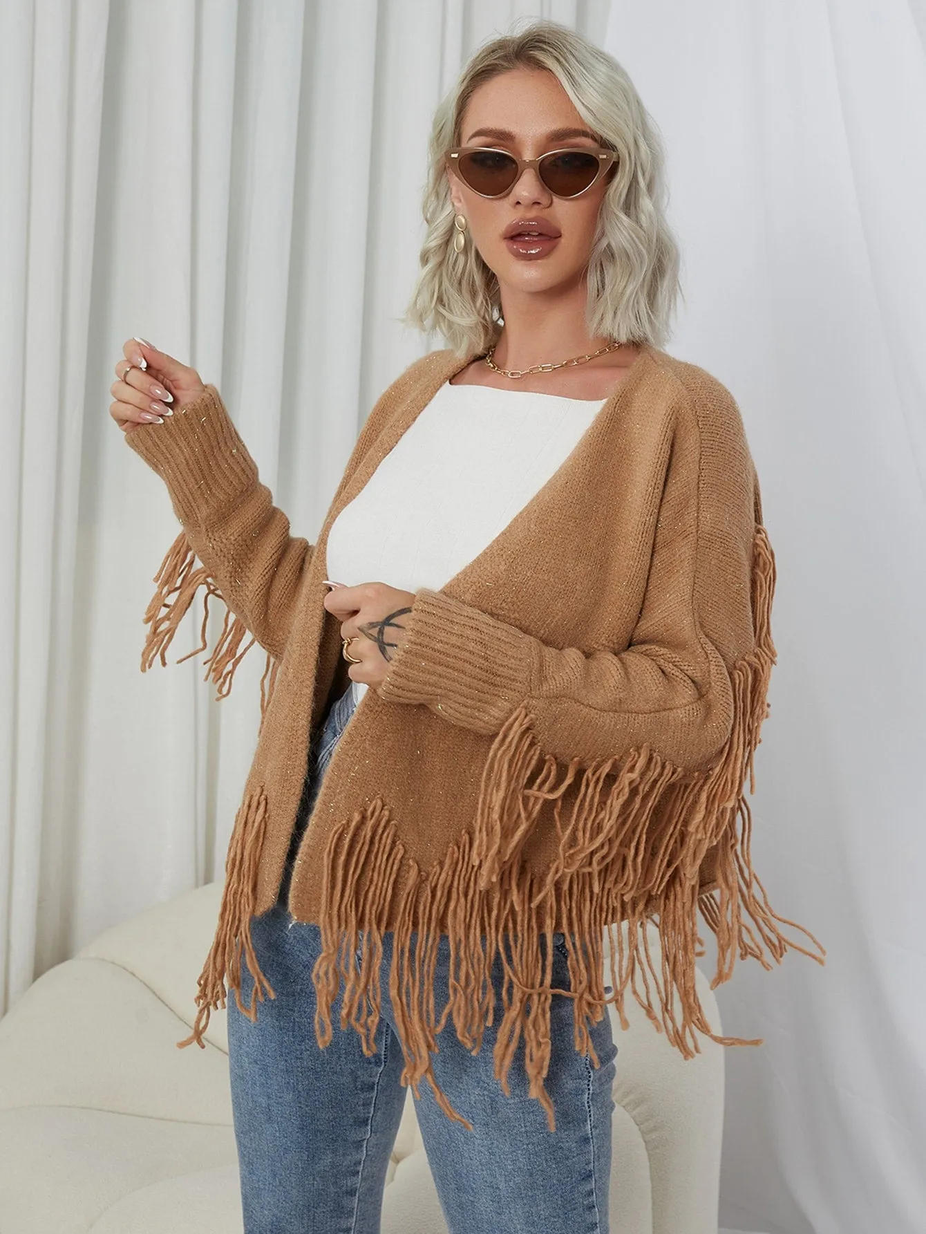 Casual Plain Fringe Long Sleeve Regular Women Cardigan