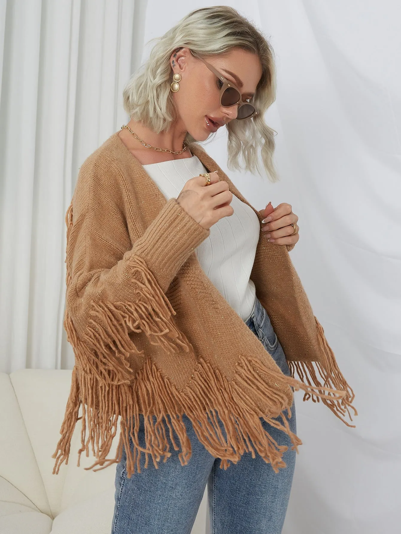 Casual Plain Fringe Long Sleeve Regular Women Cardigan