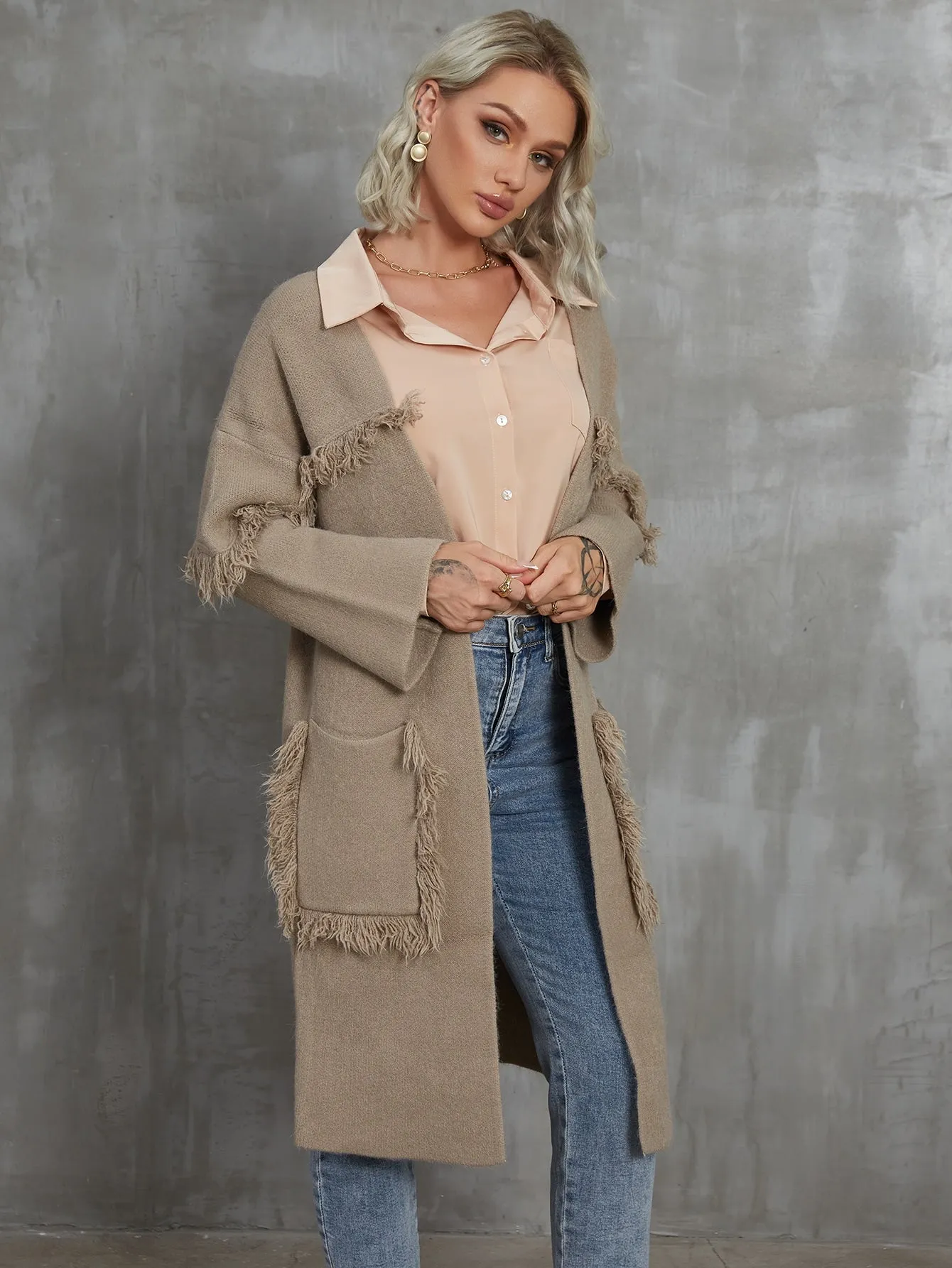 Casual Plain Pocket Long Sleeve Midi Women Cardigan