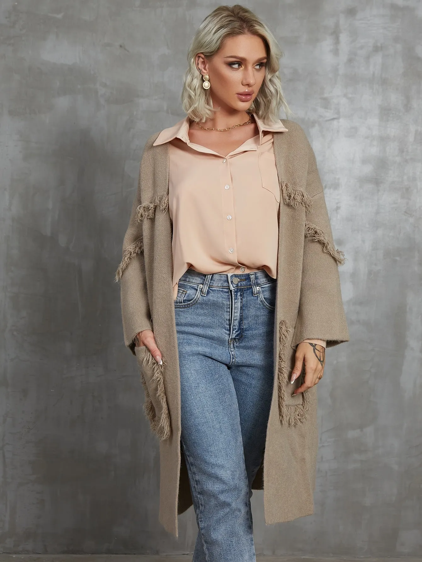 Casual Plain Pocket Long Sleeve Midi Women Cardigan