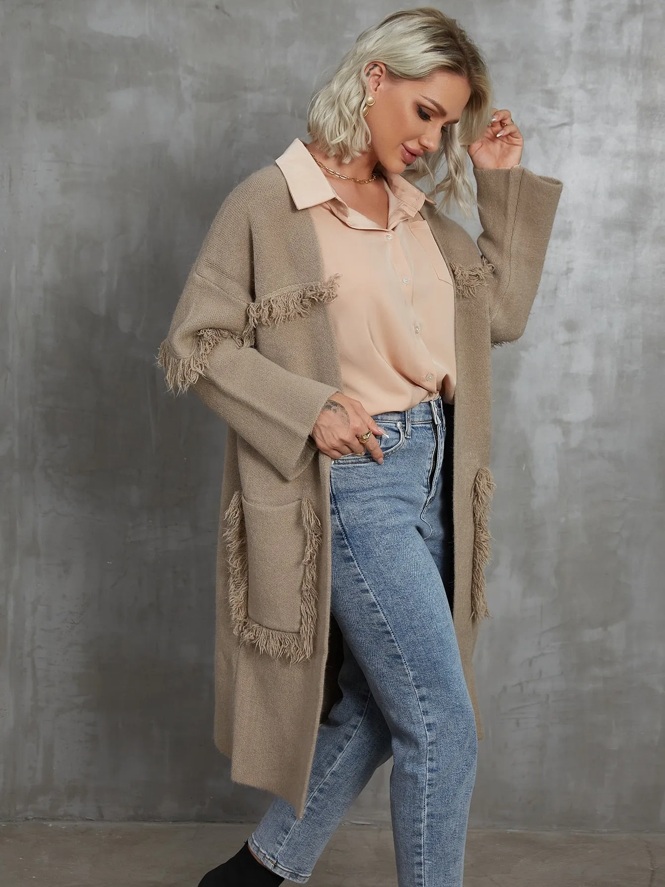 Casual Plain Pocket Long Sleeve Midi Women Cardigan