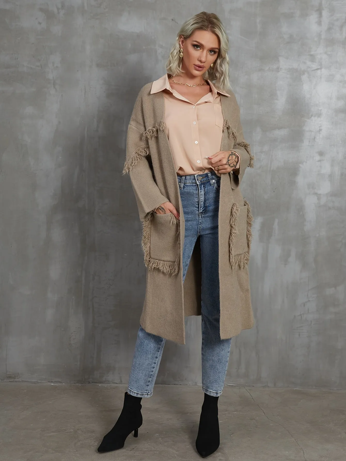 Casual Plain Pocket Long Sleeve Midi Women Cardigan