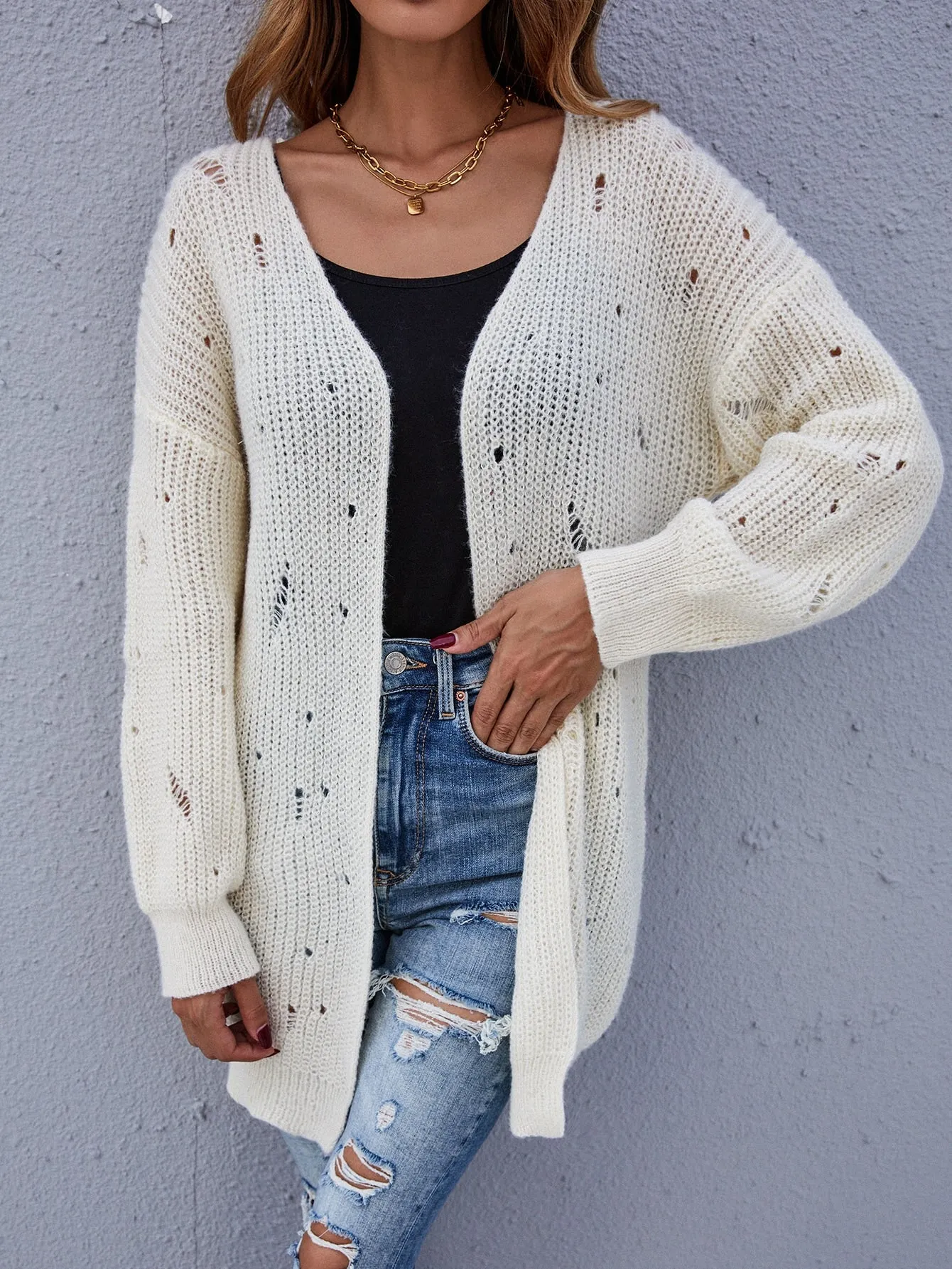 Casual Plain Ripped Long Sleeve Short Women Cardigan