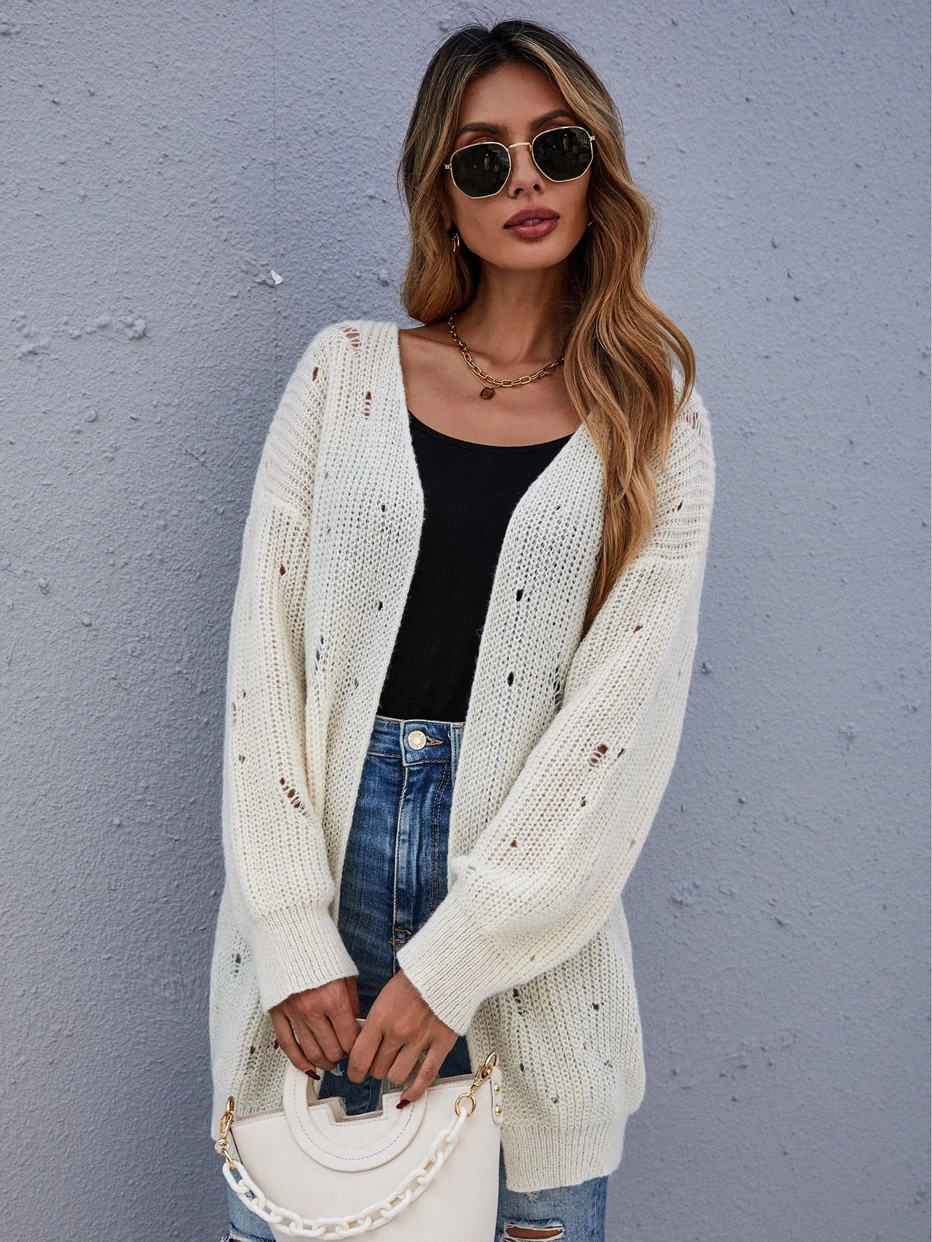 Casual Plain Ripped Long Sleeve Short Women Cardigan