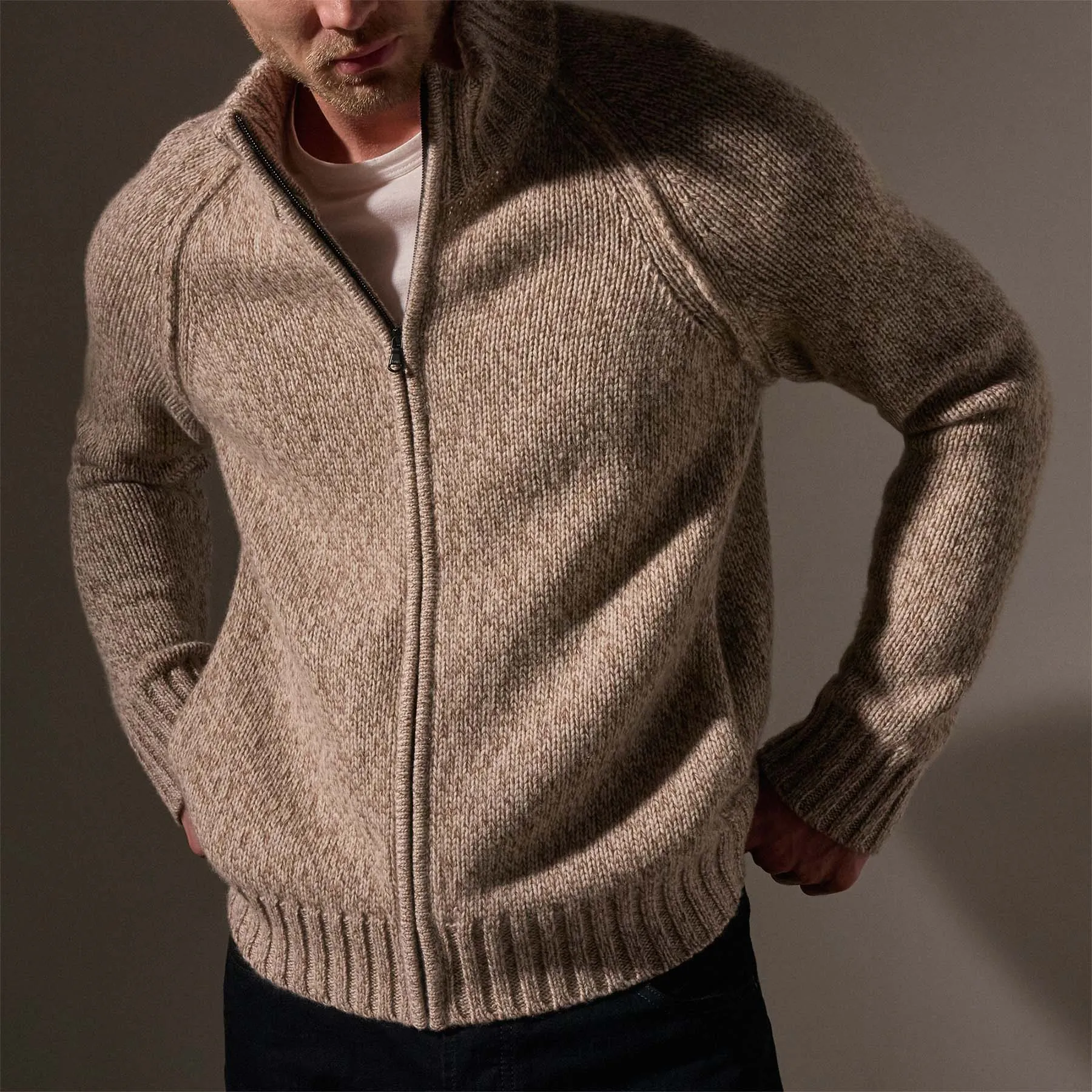 Chunky Cashmere Zip Up - Stone Marl