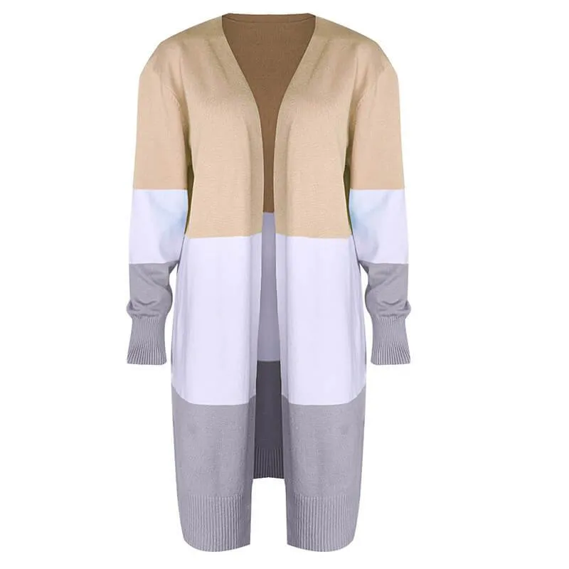 Colorblock Open Front Knitted Long Cardigan