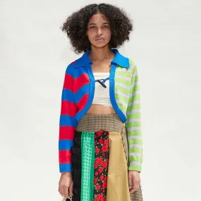 Contrast Rainbow Striped Print Folded Collar Cropped Knit Cardigan