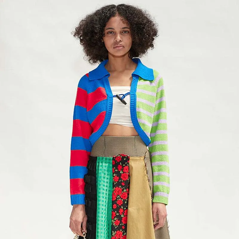 Contrast Rainbow Striped Print Folded Collar Cropped Knit Cardigan