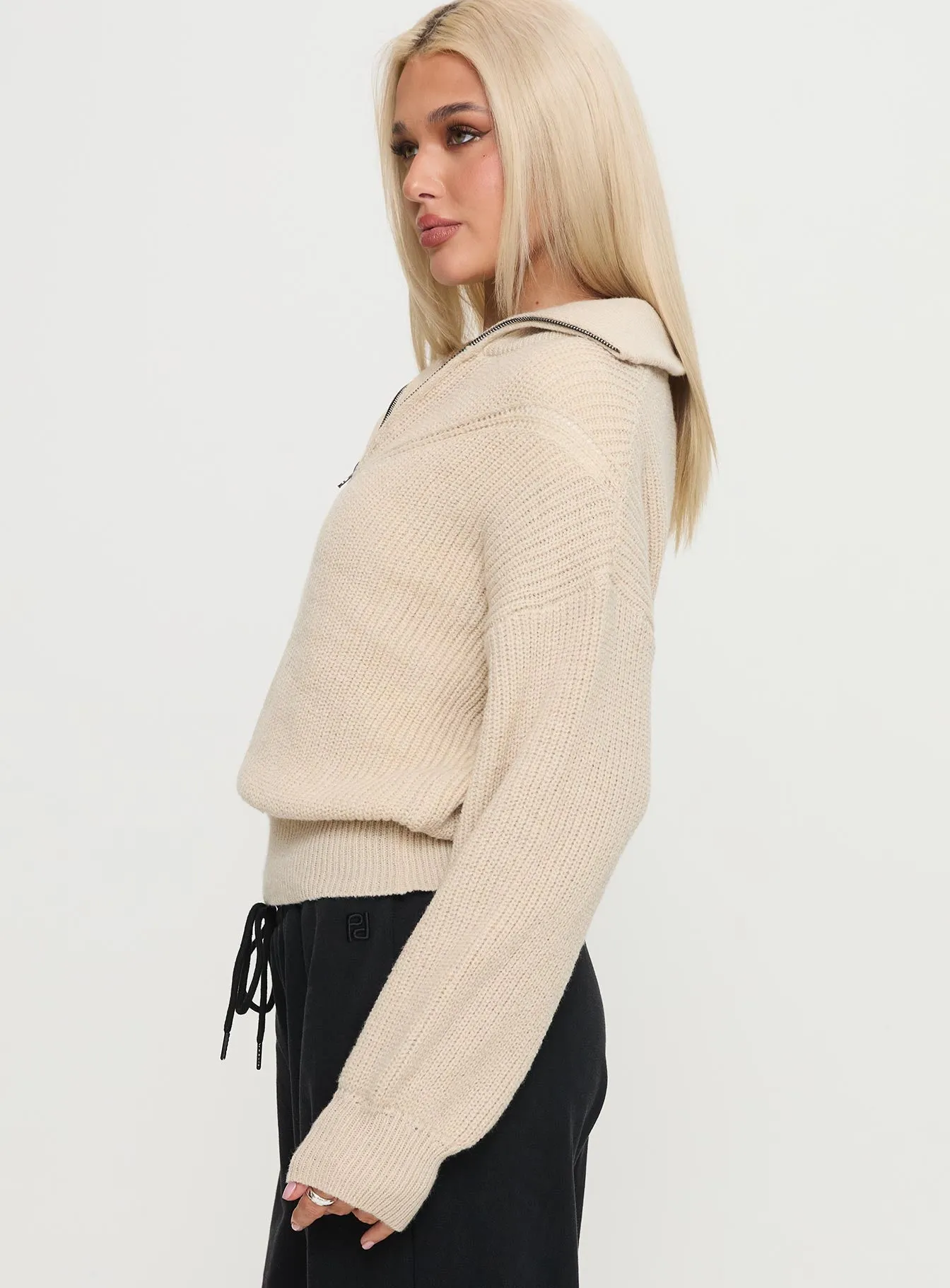 Fireheart Zip Through Knit Sweater Beige