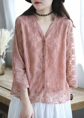 French Pink Embroideried Cotton Loose Cardigans Long Sleeve