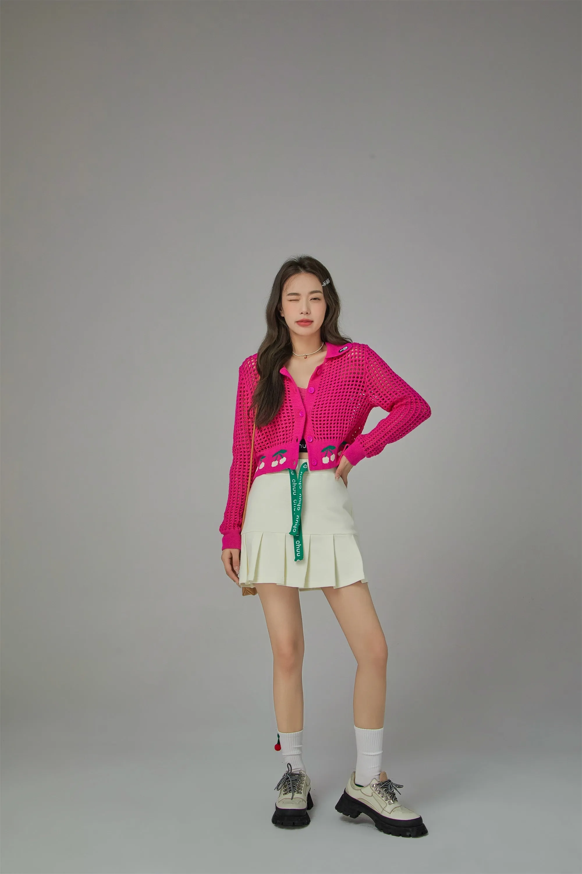 Hot Pink Cherry Crochet Crop Cardigan