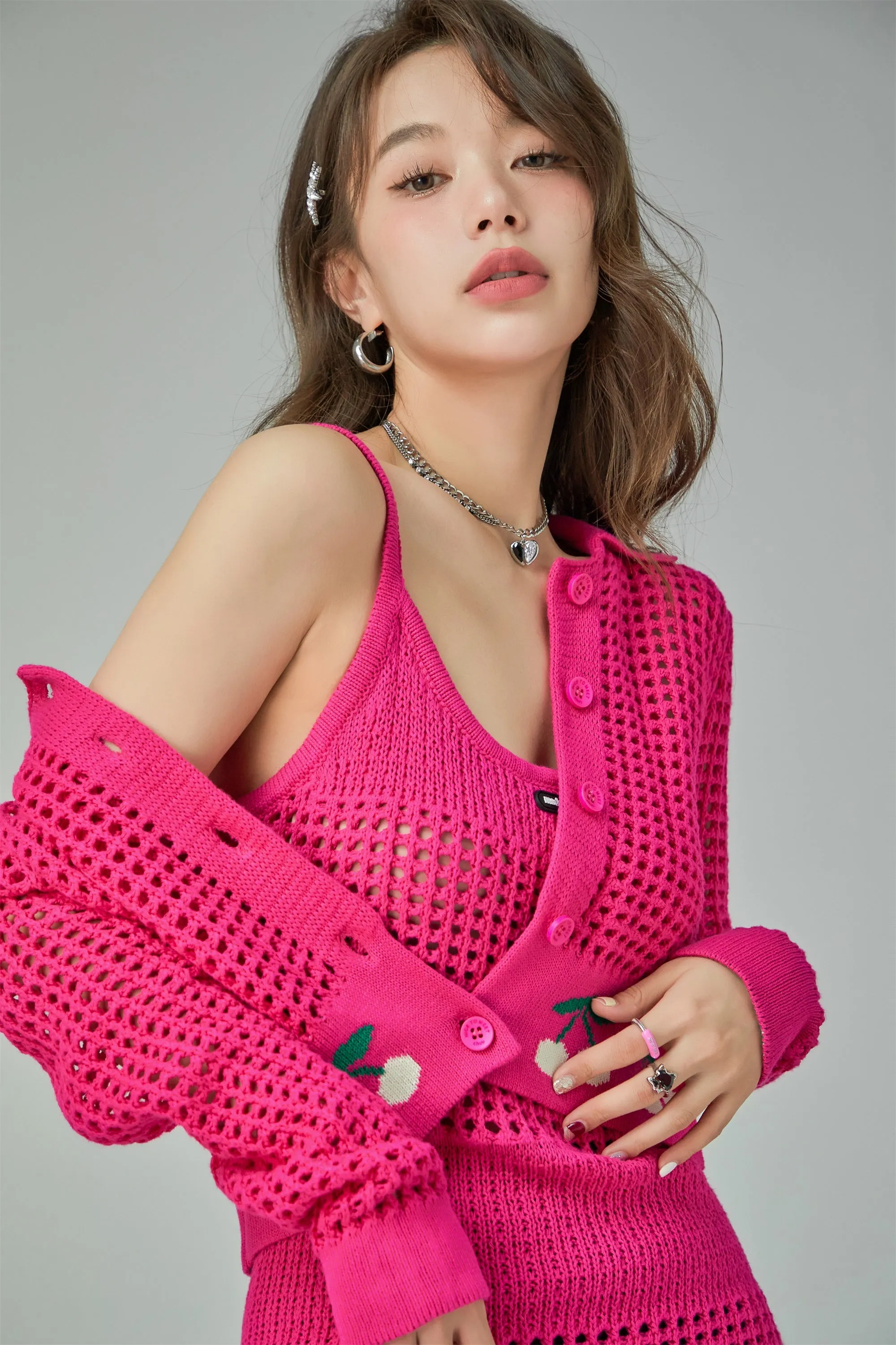 Hot Pink Cherry Crochet Crop Cardigan