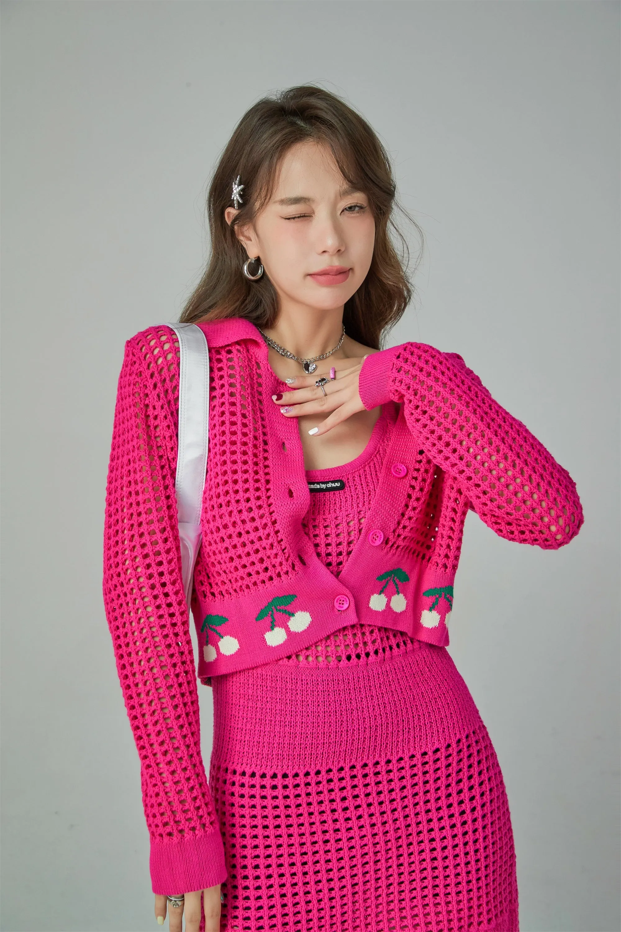 Hot Pink Cherry Crochet Crop Cardigan