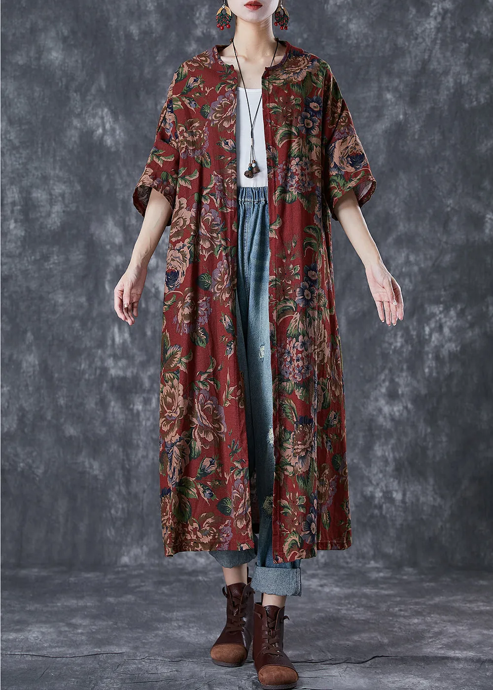 Italian Red Oversized Print Cotton Long Cardigans Summer LY7027