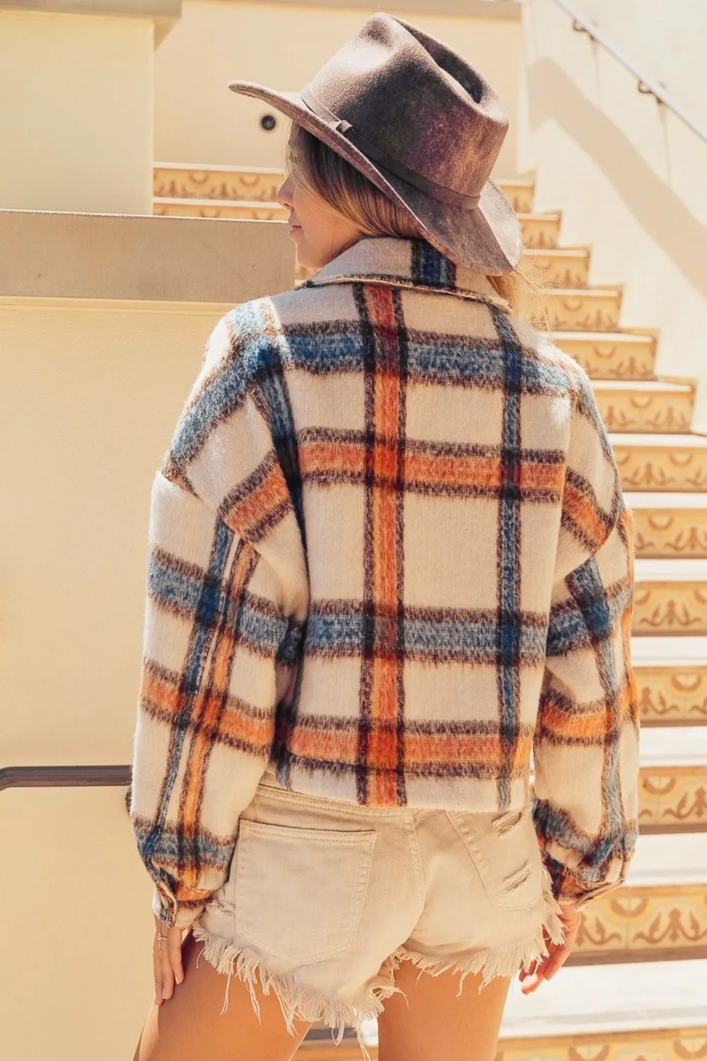 Ivory Multi Color Brushed Plaid Crop Jacket with Pockets