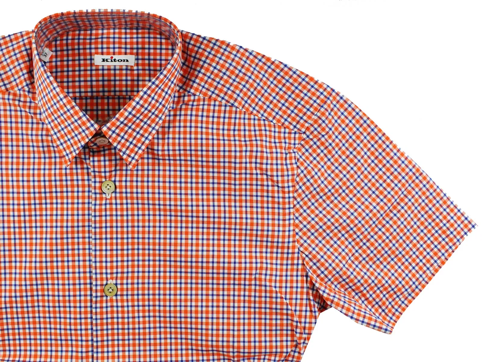 Kiton Short Sleeve Shirt White Orange Royal Blue Check 37 - 14 1/2 SALE