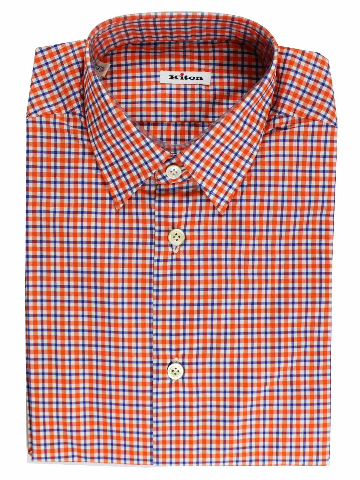 Kiton Short Sleeve Shirt White Orange Royal Blue Check 37 - 14 1/2 SALE