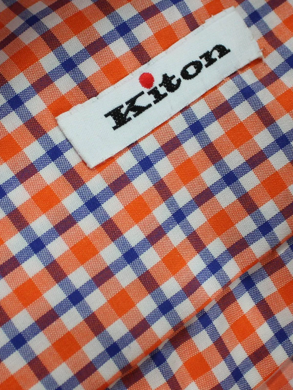 Kiton Short Sleeve Shirt White Orange Royal Blue Check 37 - 14 1/2 SALE