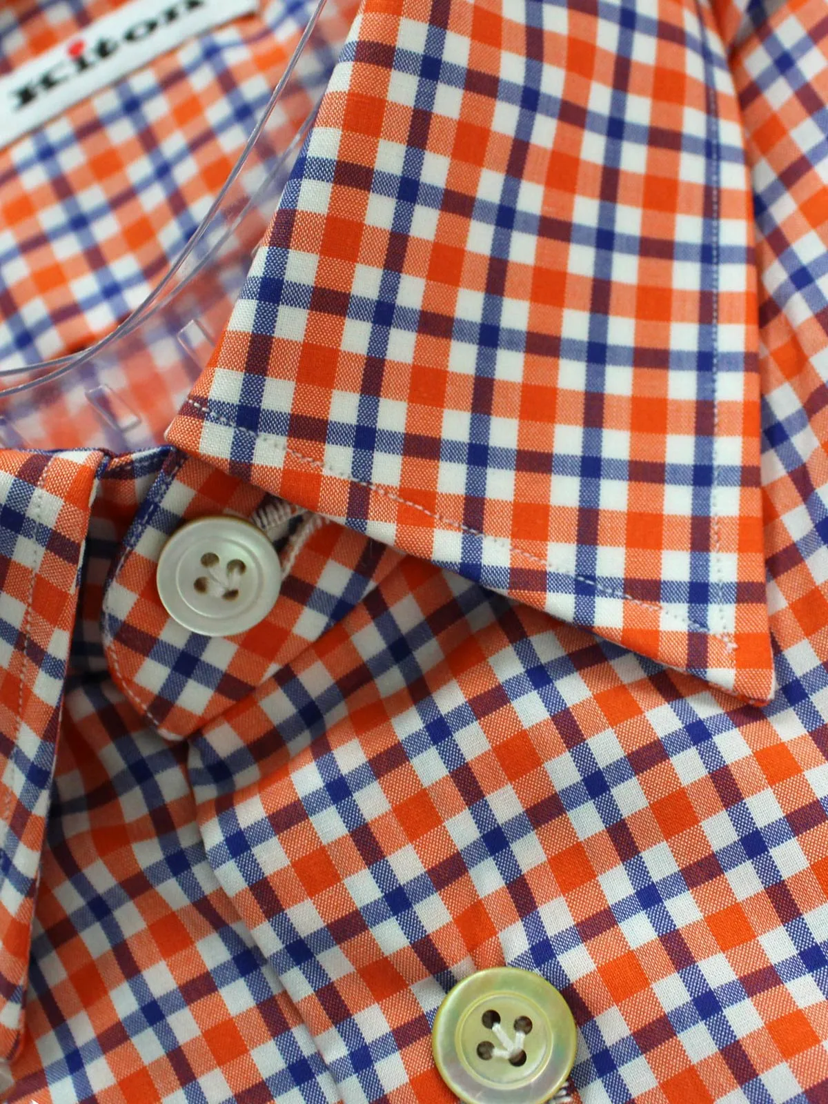 Kiton Short Sleeve Shirt White Orange Royal Blue Check 37 - 14 1/2 SALE