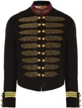 Leaf-Embroidered Military Style Jacket in Black