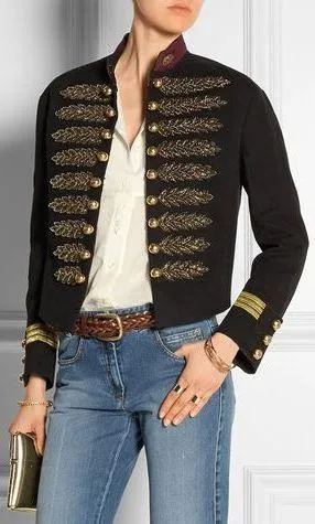 Leaf-Embroidered Military Style Jacket in Black