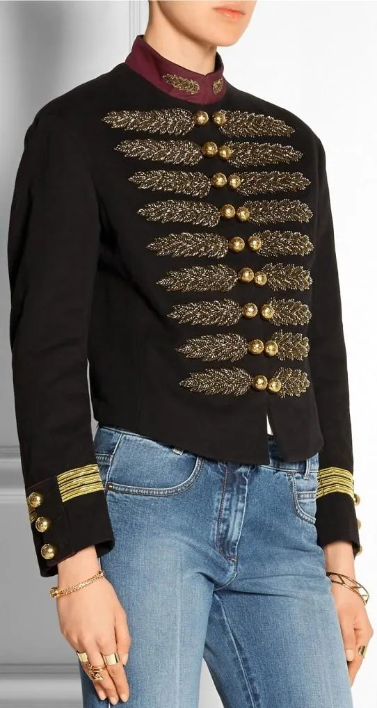 Leaf-Embroidered Military Style Jacket in Black