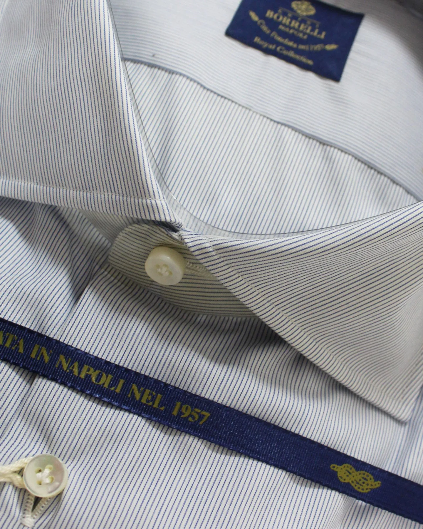 Luigi Borrelli Dress Shirt White Blue Stripes - Royal Collection 38 - 15 SALE