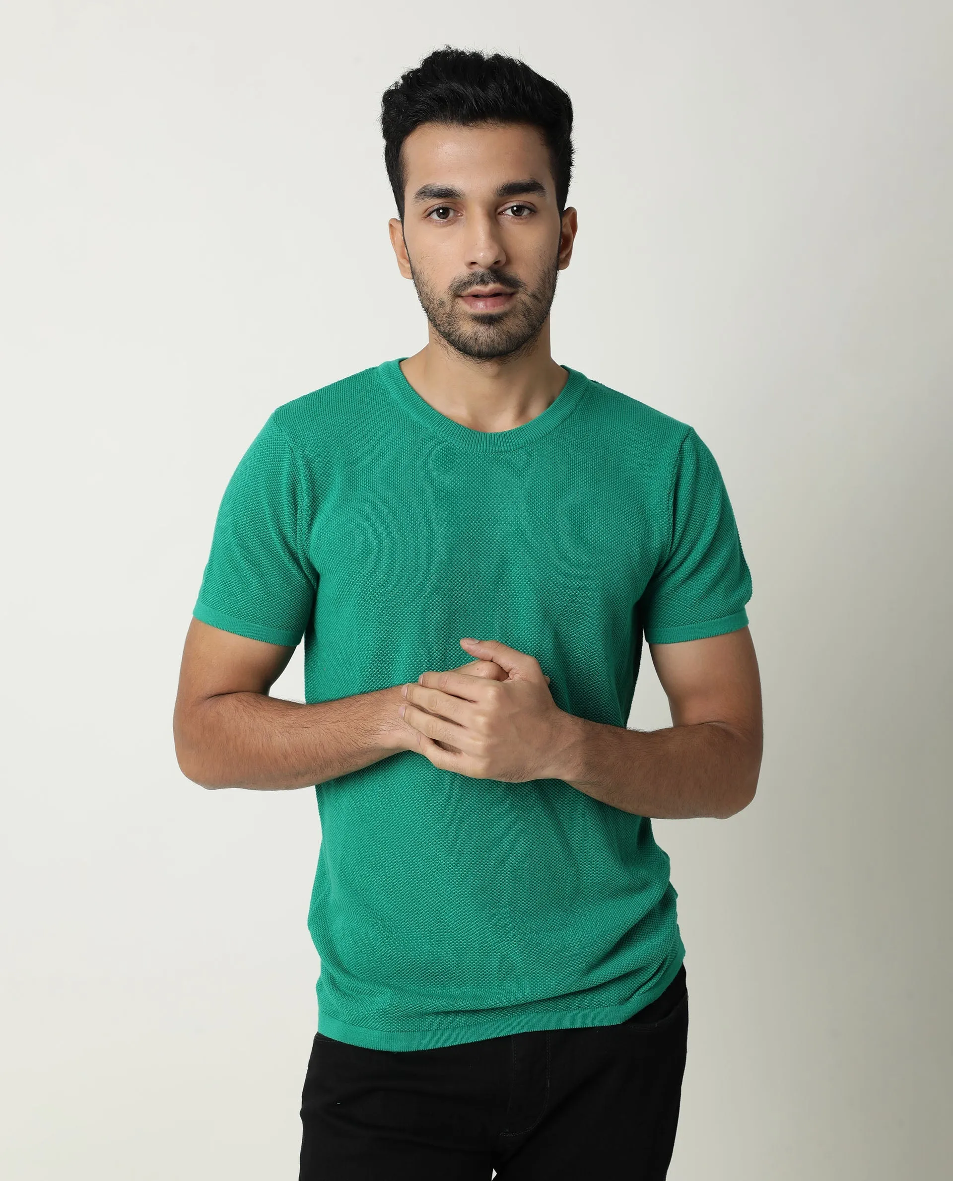 Rare Rabbit Mens Conical 2 Green Polo Cotton Fabric Slim Fit Crew Neck Half Sleeve