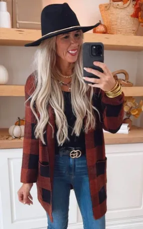 Rust Black Checked Long Cardigan