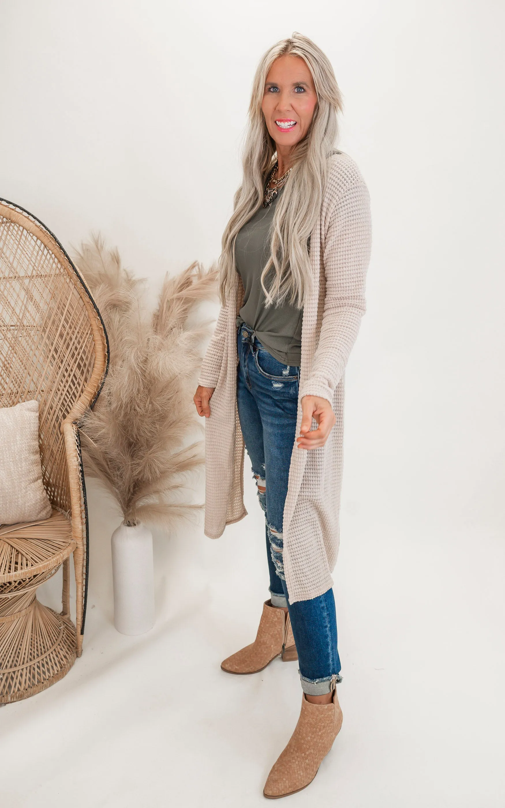 Solid Long Waffle Cardigan