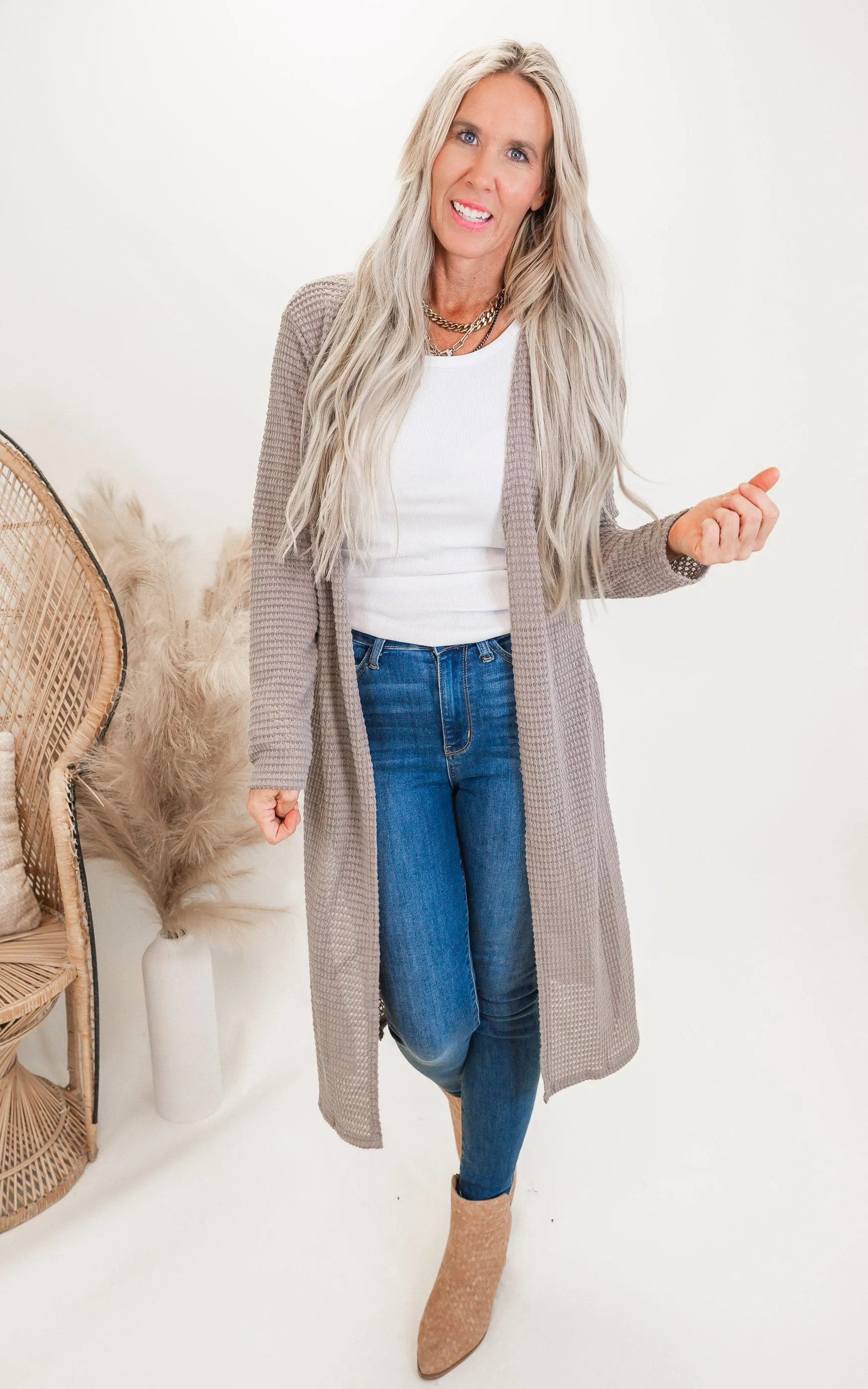 Solid Long Waffle Cardigan