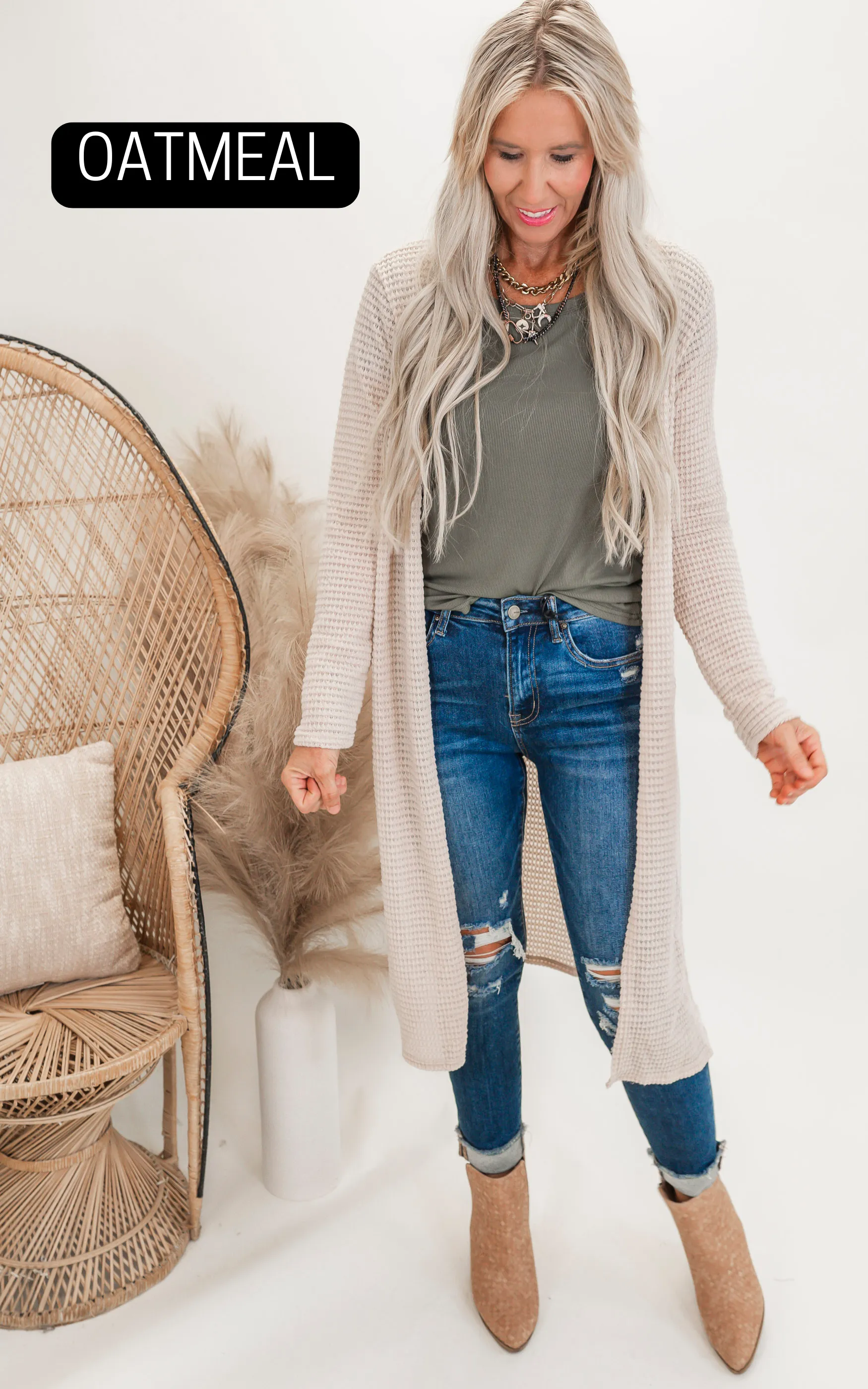 Solid Long Waffle Cardigan