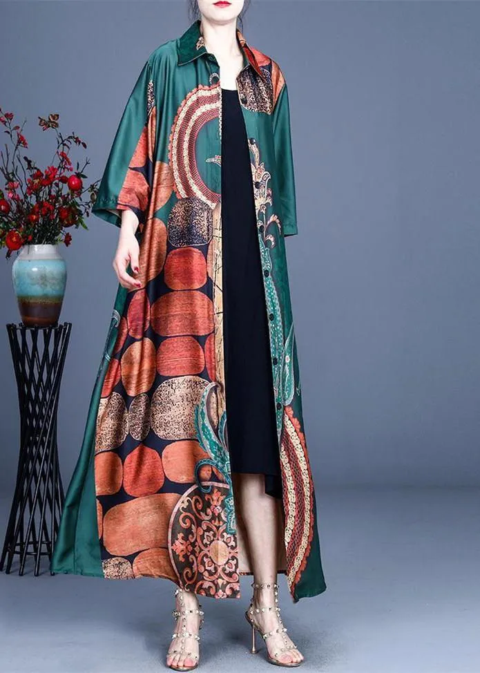 Style Green Print Summer Silk Half Sleeve Cardigans Long